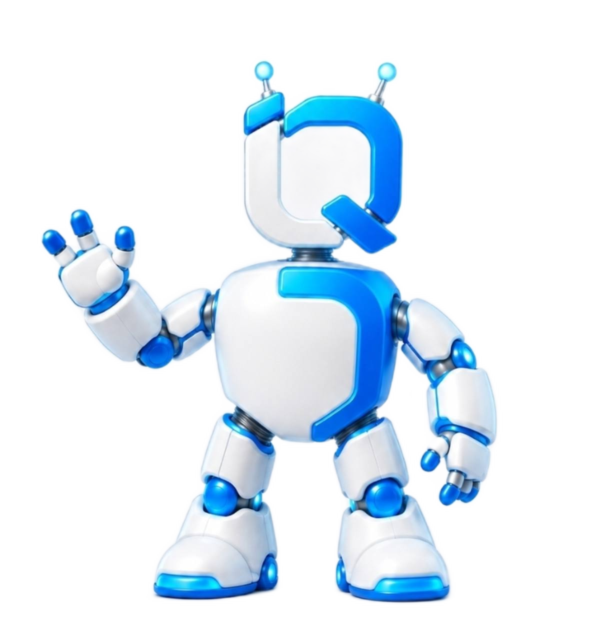 The official blue and white iQuations robot waving hello